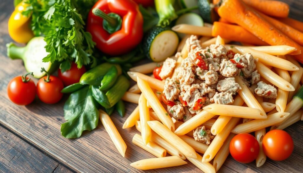 Pâtes au thon et légumes colorés Pâtes au thon et légumes colorés