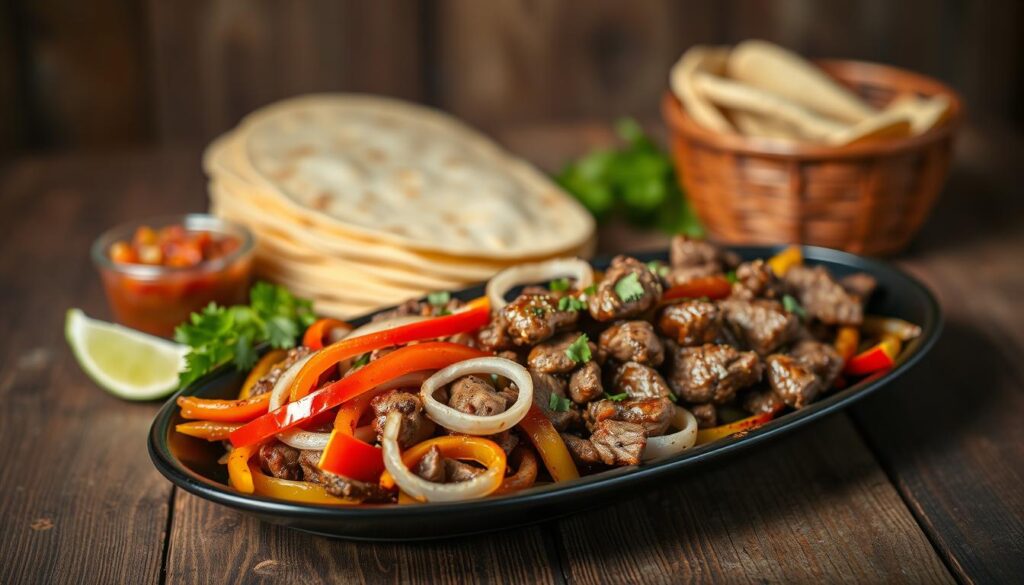 Présentation de fajitas viande dans la cuisine mexicaine Présentation de fajitas viande dans la cuisine mexicaine